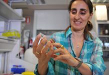 CSIC researcher Federica Bertocchini with a specimen of a wax worm