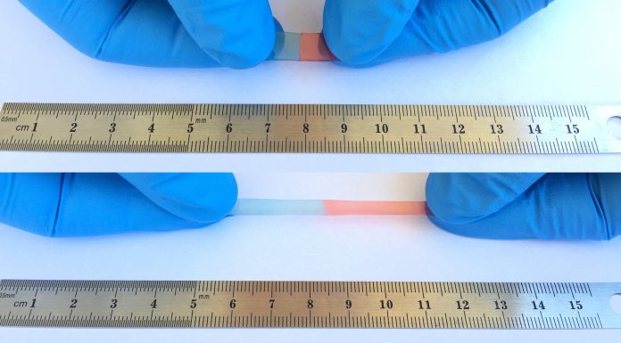 Self healing polymer being stretched