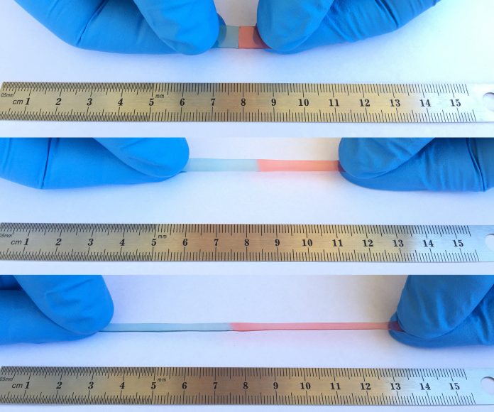 Self healing polymer being stretched