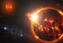 a binary consisting of two red dwarf stars shown here in an artist's rendering, unleashed a series of powerful flares seen by NASA's Swift
